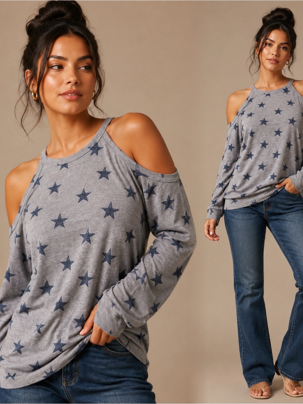 Cold-Shoulder Star Print Long-Sleeve Top - Gray